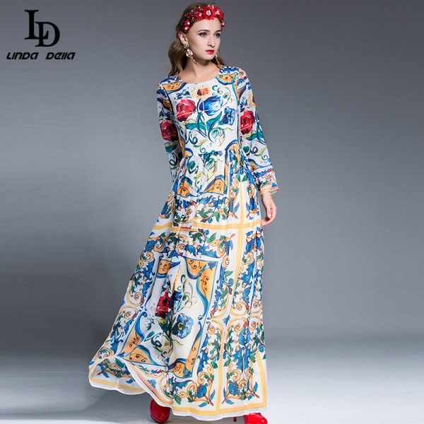 LD LINDA DELLA Women Maxi Dress Long Sleeve Casual Floral Printing Party Dress Autumn New