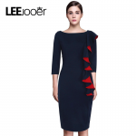 LEEJOOER 2017 Womens Elegant Sexy Ruffle Sleeve Ruched Party Wear To Work Fitted Stretch Slim Wiggle Pencil Sheath Bodycon Dress