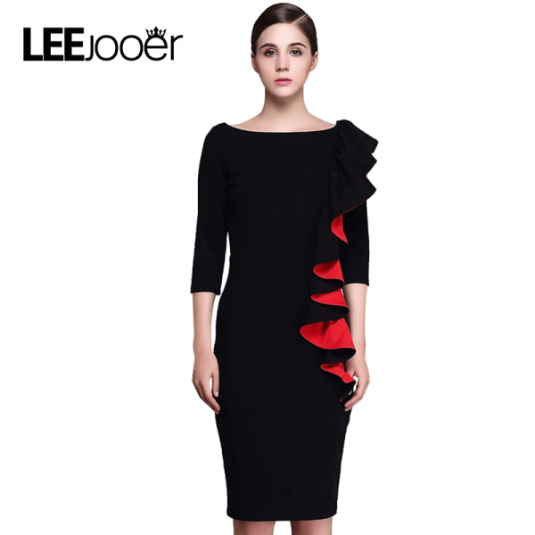 LEEJOOER 2017 Womens Elegant Sexy Ruffle Sleeve Ruched Party Wear To Work Fitted Stretch Slim Wiggle Pencil Sheath Bodycon Dress