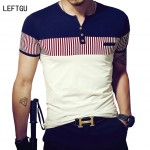 LEFTGU T-Shirts Men 2017 Summer Brand-Clothing Fashion Short Sleeve Men T shirt v-neck Men Striped camisetas slim Tops & Tees