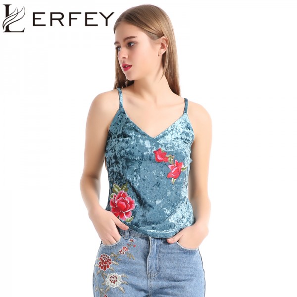 LERFEY Tank Top Women Velvet Embroidery Camisole Vest V Neck Bustier Loose Backless Summer Sleeveless Sexy Strappy Camis Tops