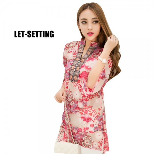 LET-SETTING Size:M,L,XL,XXL,3XL,4XL Summer suit V-neck Floral women's chiffon print fashion dress plus size dress