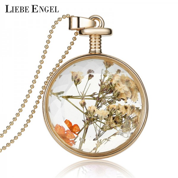 LIEBE ENGEL Women Jewelry Collares Dried Flowers Glass Necklace&Pendant Vintage Long Chain Choker Necklace Summer Fine Jewelry