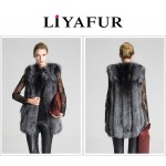 LIYAFUR Women's 100% Real Genuine Full Pelt Silver Fox Fur Long Vest Waistcoat Gilet Vertical Strip