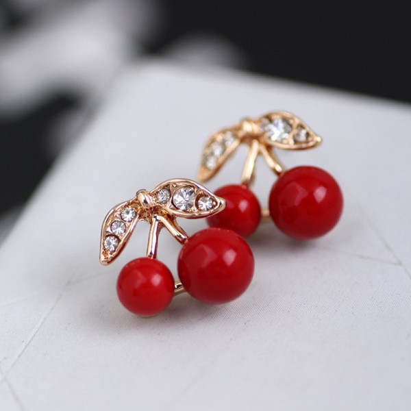 LNRRABC  Women Girl   Fashion Popular Charming  Rhinestone Red Cherry Ear Stud Earrings Gift