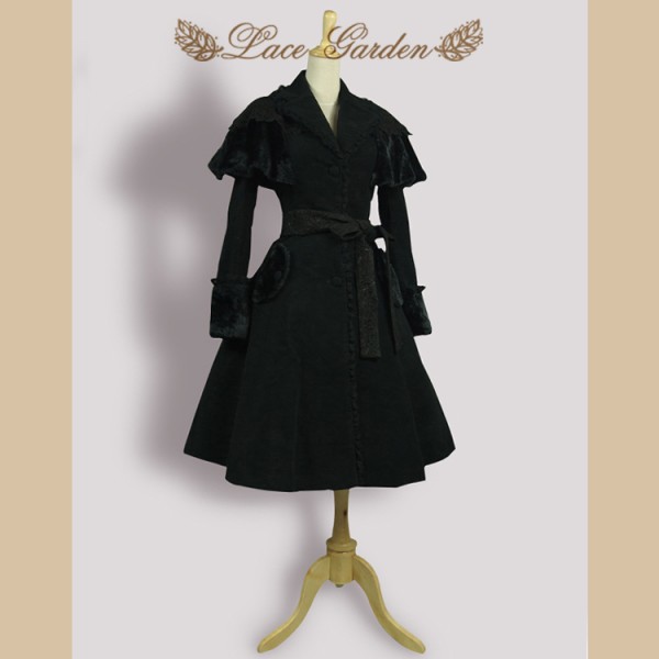 Lace Garden Branded Gothic Women's Wool Coat Black Vintage Long Single Breasted Winter Coat with Belt