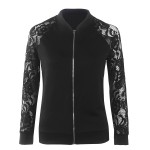 Lace Sleeve Women Basic Coats Long Sleeve Lace Patchwork Transparent Zipper Casual Slim Jacket Coat Bomber Jacket Outwear