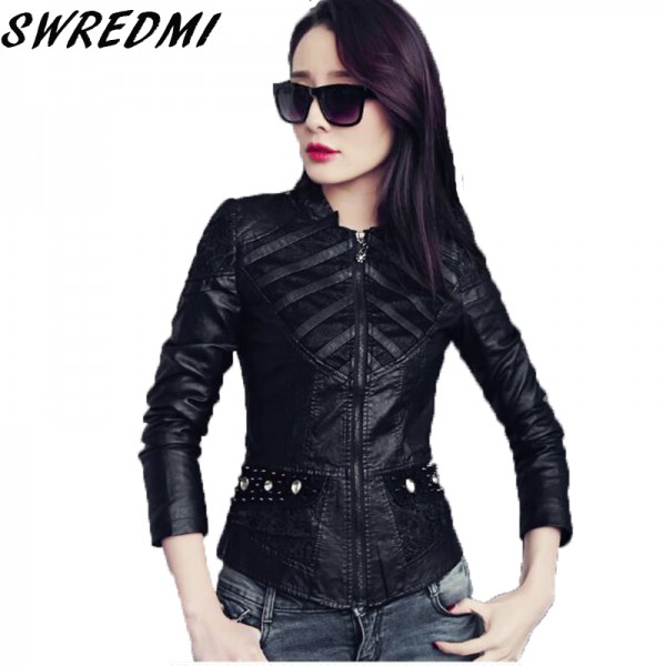 Lace leather clothing 2017 new slim spliced female short leather jacket motorcycle leather coat outerwear black jackets