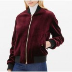 Ladies Vintage Wine Red Velvet Bomber Jacket Ruched Sleeve Arm Pocket Stand Shawl Collar Pilot Coats