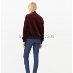 Ladies Vintage Wine Red Velvet Bomber Jacket Ruched Sleeve Arm Pocket Stand Shawl Collar Pilot Coats