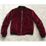 Ladies Vintage Wine Red Velvet Bomber Jacket Ruched Sleeve Arm Pocket Stand Shawl Collar Pilot Coats