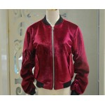 Ladies Vintage Wine Red Velvet Bomber Jacket Ruched Sleeve Arm Pocket Stand Shawl Collar Pilot Coats