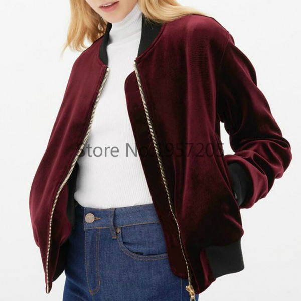 Ladies Vintage Wine Red Velvet Bomber Jacket Ruched Sleeve Arm Pocket Stand Shawl Collar Pilot Coats