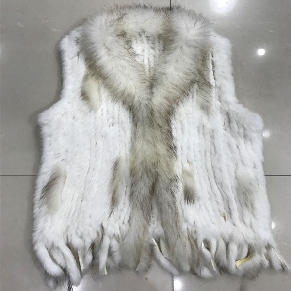 Lady Real Knitted Rabbit Fur Vest Waistcoat Raccoon Fur Collar Autumn Winter Women Fur Outerwear Female Gilet  Tassels VF1081