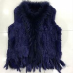 Lady Real Knitted Rabbit Fur Vest Waistcoat Raccoon Fur Collar Autumn Winter Women Fur Outerwear Female Gilet  Tassels VF1081