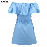 Lady Ruffles Blue White Elegant Dress Women Slash Neck Off The Shoulder Summer Clothing Vestidos With Sashes Waist Belt Dresses