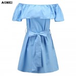 Lady Ruffles Blue White Elegant Dress Women Slash Neck Off The Shoulder Summer Clothing Vestidos With Sashes Waist Belt Dresses