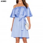 Lady Ruffles Blue White Elegant Dress Women Slash Neck Off The Shoulder Summer Clothing Vestidos With Sashes Waist Belt Dresses