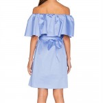 Lady Ruffles Blue White Elegant Dress Women Slash Neck Off The Shoulder Summer Clothing Vestidos With Sashes Waist Belt Dresses