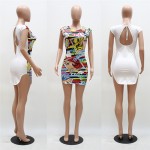 LaiCloAng Comics Print Halter Sexy Dresses Summer 2017 O-Neck Short Sleeve Backless Sheath Dress Elegant Open Slit Mini Dress