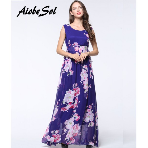 Large Size Maxi Long Chiffon Dress Summer Style Women Boho Elegant Flower Print High Wait Sleeveless Beach Dress Sundress 6XL