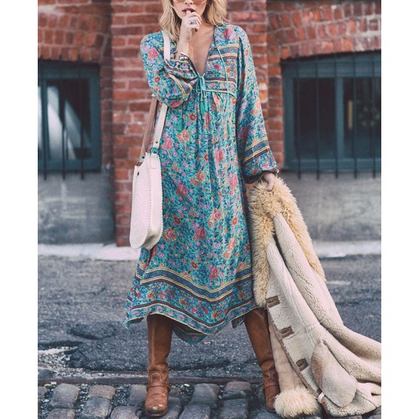 Large Stock 2017 Women Dress Floral Print Long Sleeve Dress Femme V Neck Sexy Dress Ladies Holiday Bohemia Irregular Beach Dress