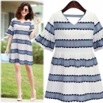 Large size new 2016 summer fashion women's dresses V-Neck short sleeve striped ladies dress women 2 color size XL~5XL