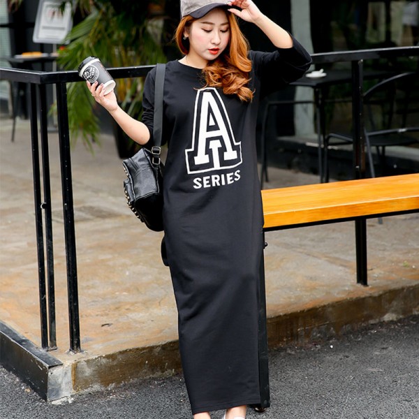 Large size women's spring new fat mm new printing letters loose straight tube significantly thin long sleeved dress 910