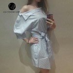 Lily Rosie Girl 2017 Blue Elegant Striped Slash Neck Women Dress Sashes Loose Casual Mini Summer Sexy Party Beach Shirt Dresses