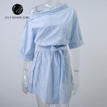 Lily Rosie Girl 2017 Blue Elegant Striped Slash Neck Women Dress Sashes Loose Casual Mini Summer Sexy Party Beach Shirt Dresses