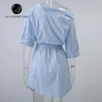 Lily Rosie Girl 2017 Blue Elegant Striped Slash Neck Women Dress Sashes Loose Casual Mini Summer Sexy Party Beach Shirt Dresses