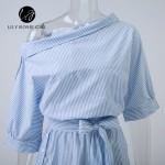 Lily Rosie Girl 2017 Blue Elegant Striped Slash Neck Women Dress Sashes Loose Casual Mini Summer Sexy Party Beach Shirt Dresses