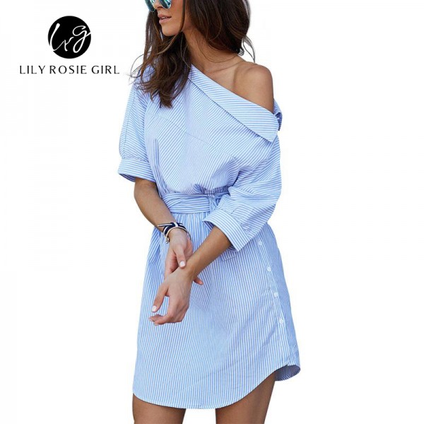 Lily Rosie Girl 2017 Blue Elegant Striped Slash Neck Women Dress Sashes Loose Casual Mini Summer Sexy Party Beach Shirt Dresses