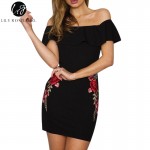 Lily Rosie Girl Off Shoulder Black Sexy Embroidery Women Mini Dress Slash Neck Bodycon Autumn Winter Ruffles Short Dress Vestido