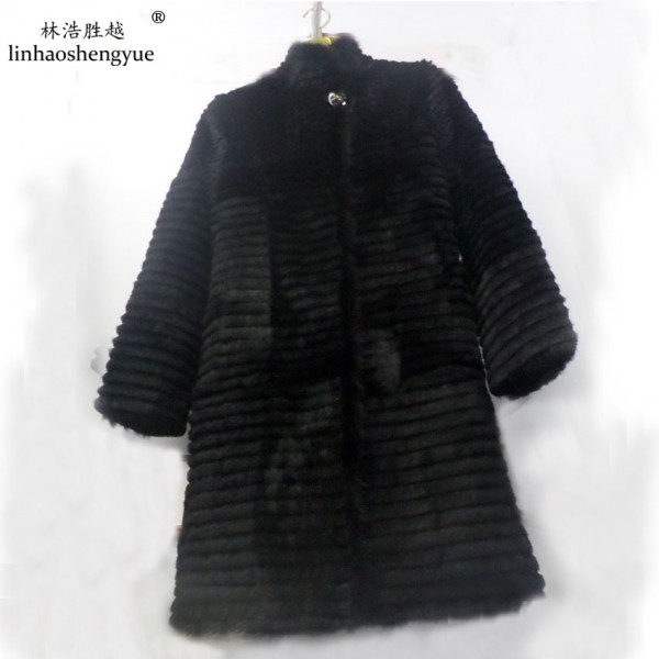 Linhaoshengyue 90cm long rabbit natural  fur coat with 62cm  sleeve length