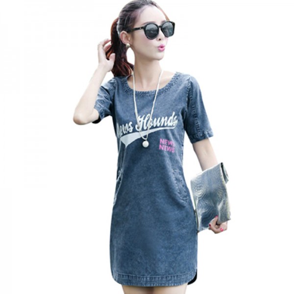 LinsDenim New Spring Casual Sexy Denim Dress Women Fashion Summer Letter Print Denim Dresses Short Sleeve Slim Brand Jeans Dress