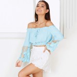 Liooil Sexy Slash Neck White T Shirt 2017 Summer Fashion Flare Sleeve Lace Patchwork Chiffon Off The Shoulder Tops For Women