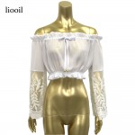 Liooil Sexy Slash Neck White T Shirt 2017 Summer Fashion Flare Sleeve Lace Patchwork Chiffon Off The Shoulder Tops For Women