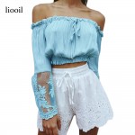 Liooil Sexy Slash Neck White T Shirt 2017 Summer Fashion Flare Sleeve Lace Patchwork Chiffon Off The Shoulder Tops For Women