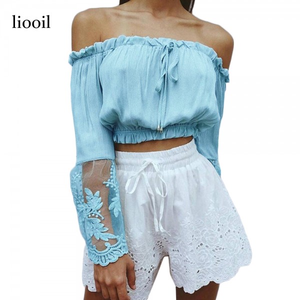 Liooil Sexy Slash Neck White T Shirt 2017 Summer Fashion Flare Sleeve Lace Patchwork Chiffon Off The Shoulder Tops For Women