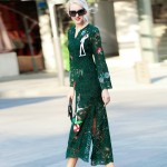 Long Dress 2017 Spring Autumn New New Fashion Daily Flare Half Sleeve Floor-Length XXL Lace V-Neck Green Embroidery Dress