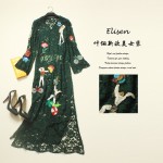 Long Dress 2017 Spring Autumn New New Fashion Daily Flare Half Sleeve Floor-Length XXL Lace V-Neck Green Embroidery Dress