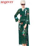 Long Dress 2017 Spring Autumn New New Fashion Daily Flare Half Sleeve Floor-Length XXL Lace V-Neck Green Embroidery Dress