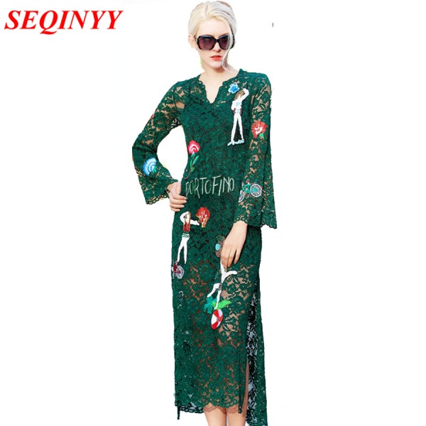 Long Dress 2017 Spring Autumn New New Fashion Daily Flare Half Sleeve Floor-Length XXL Lace V-Neck Green Embroidery Dress