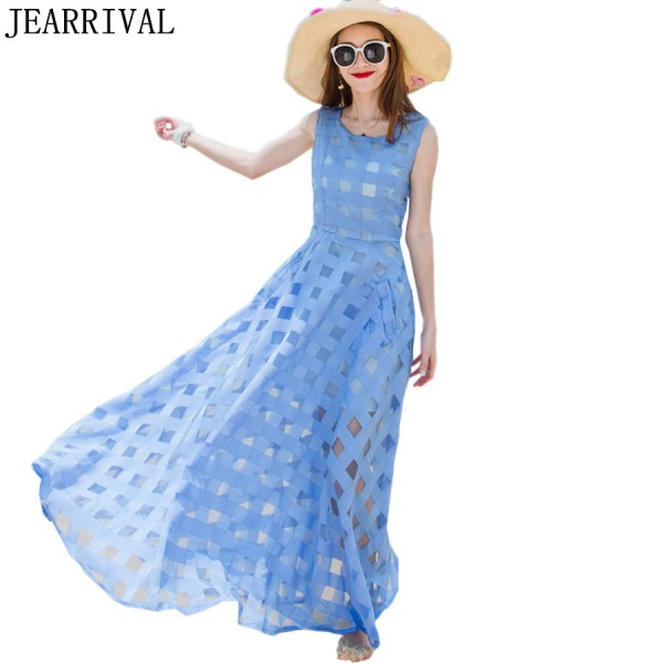 Long Maxi Dress Women 2017 Summer Fashion Sleeveless Ball Gown Holiday Beach Dress Vintage Organza Sundress Vestidos Robe Femme