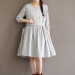 Long Sleeve Striped Cotton Linen Dress Spring Autumn Style Women Vintage Loose Round Neck One Pocket Dress Femme Belted Vestido