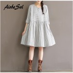 Long Sleeve Striped Cotton Linen Dress Spring Autumn Style Women Vintage Loose Round Neck One Pocket Dress Femme Belted Vestido