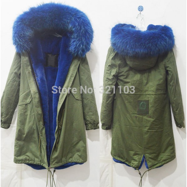 Long style winter warm coat Mrs Mr fur parka with big blue real fur collar coats winter outerwear