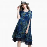 Loose Long Floral Printed Chiffon Dress Short Sleeve Summer Layered Midi Dresses Plus Size Women Clothing xl,2xl,3xl,4xl