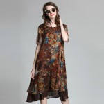 Loose Long Floral Printed Chiffon Dress Short Sleeve Summer Layered Midi Dresses Plus Size Women Clothing xl,2xl,3xl,4xl